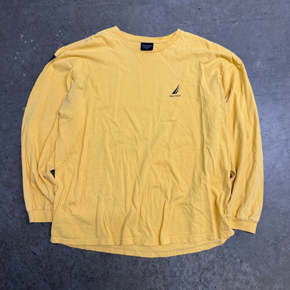 Nautica Mens XL Yellow Long Sleeve T-Shirt NS-83 Graphic Sleeve Cotton Crewneck